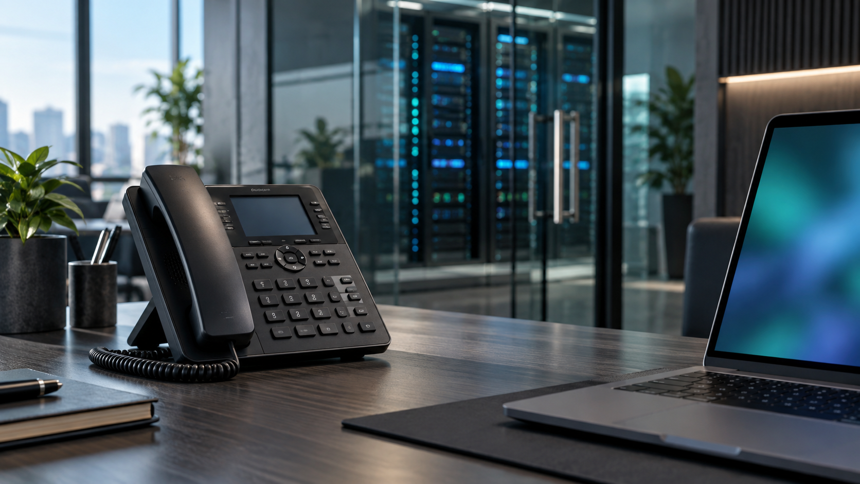 Ilustração de telefonia IP e ambiente corporativo conectado